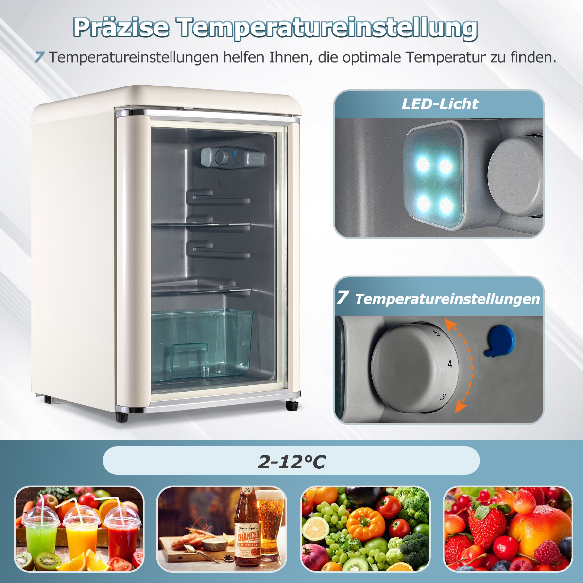 Ein kleiner Kühlschrank mit Details zu LED-Leuchten und Temperatureinstellungen.