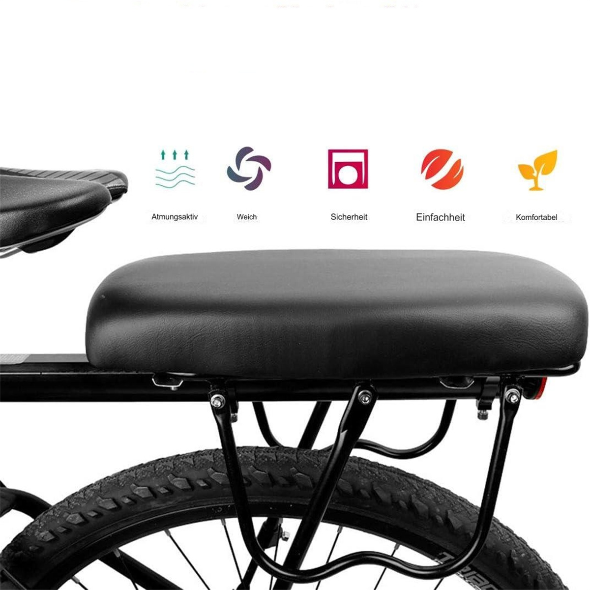 Schwarzer Fahrradsitz auf einem Fahrrad. Symbole für Luftstrom, Weichheit, Sicherheit, Einfachheit und Komfort.