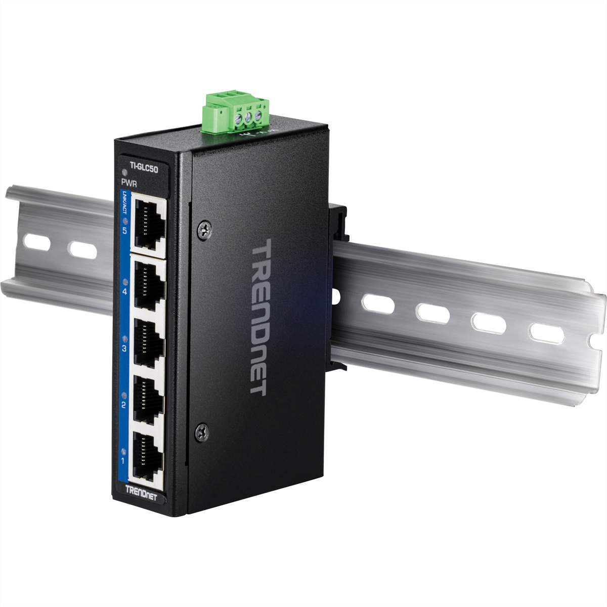 Commutateur industriel TRENDnet noir et bleu avec 5 ports, monté sur un rail.