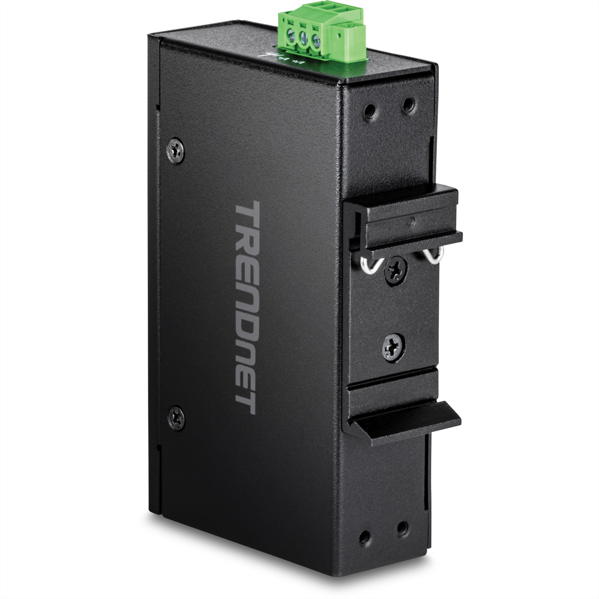 Appareil réseau TRENDnet noir. Il possède des connecteurs verts et des borniers à vis, un boîtier noir.