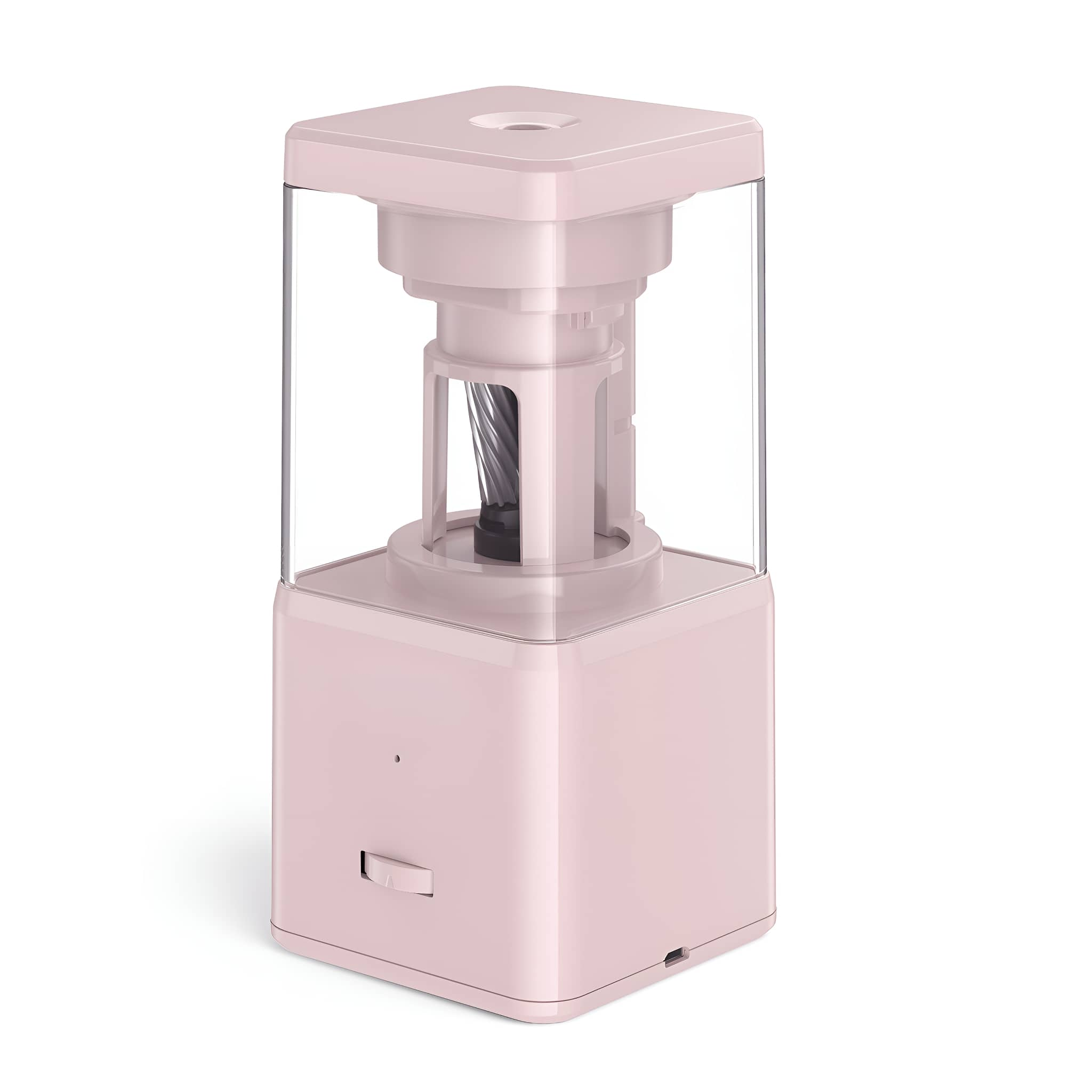 Ein rosa elektrischer Anspitzer mit transparentem Behälter auf weißem Hintergrund.