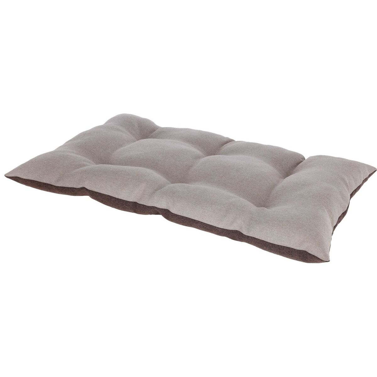 Ein graues rechteckiges Haustierbett. Das Bett ist gepolstert und hat einen braunen Rand.