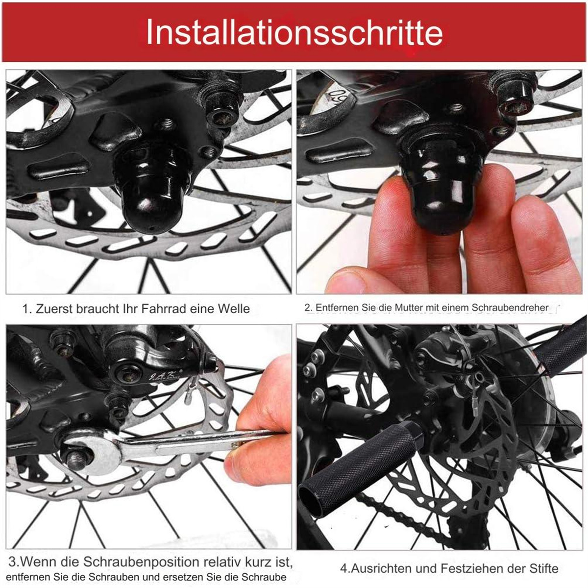 Vier Bilder zeigen Schritte zur Montage der Fahrrad-Scheibenbremse, mit Text.