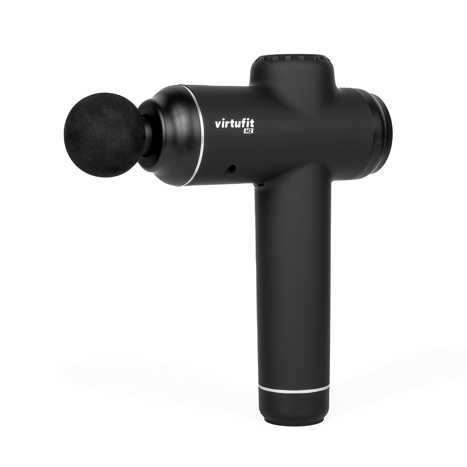 Schwarze Massagepistole mit rundem Kopf, beschriftet mit 'virtufit', mit T-förmigem Griff.