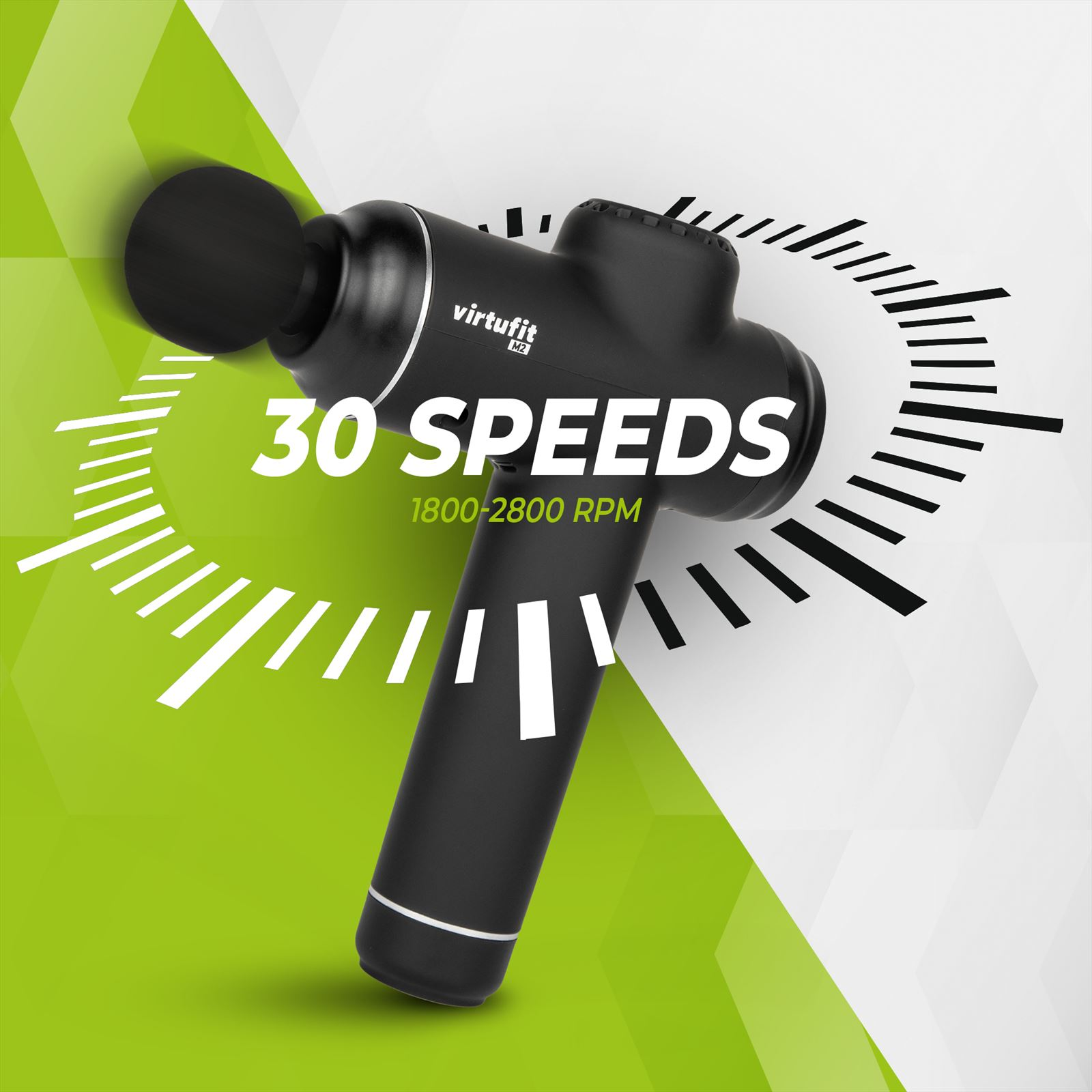 Eine schwarze Massagepistole mit dem Text '30 Speeds' und einem grün-weißen Hintergrund.