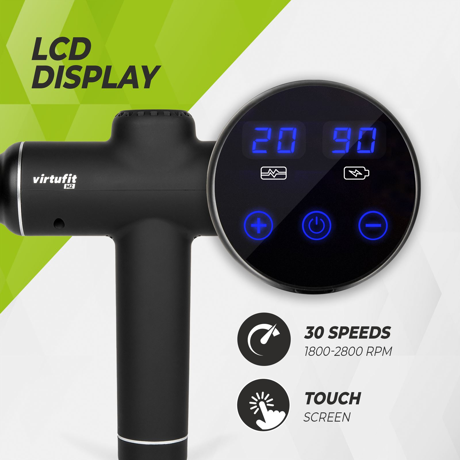 Schwarze Massagepistole mit LCD-Anzeige mit Zahlen und Tasten.