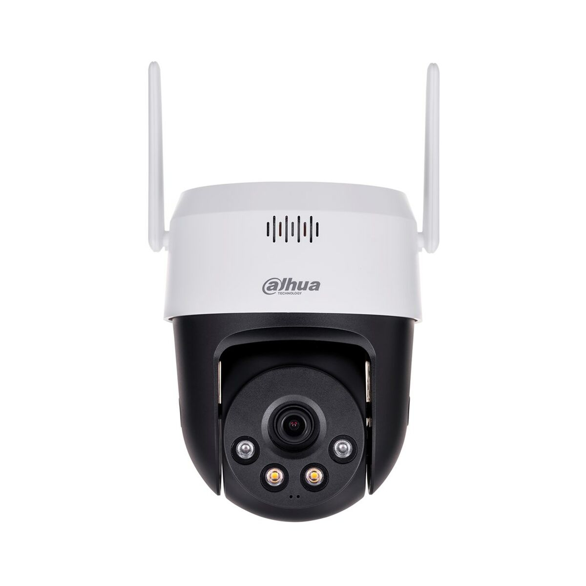 Una telecamera di sicurezza bianca e nera con due antenne.