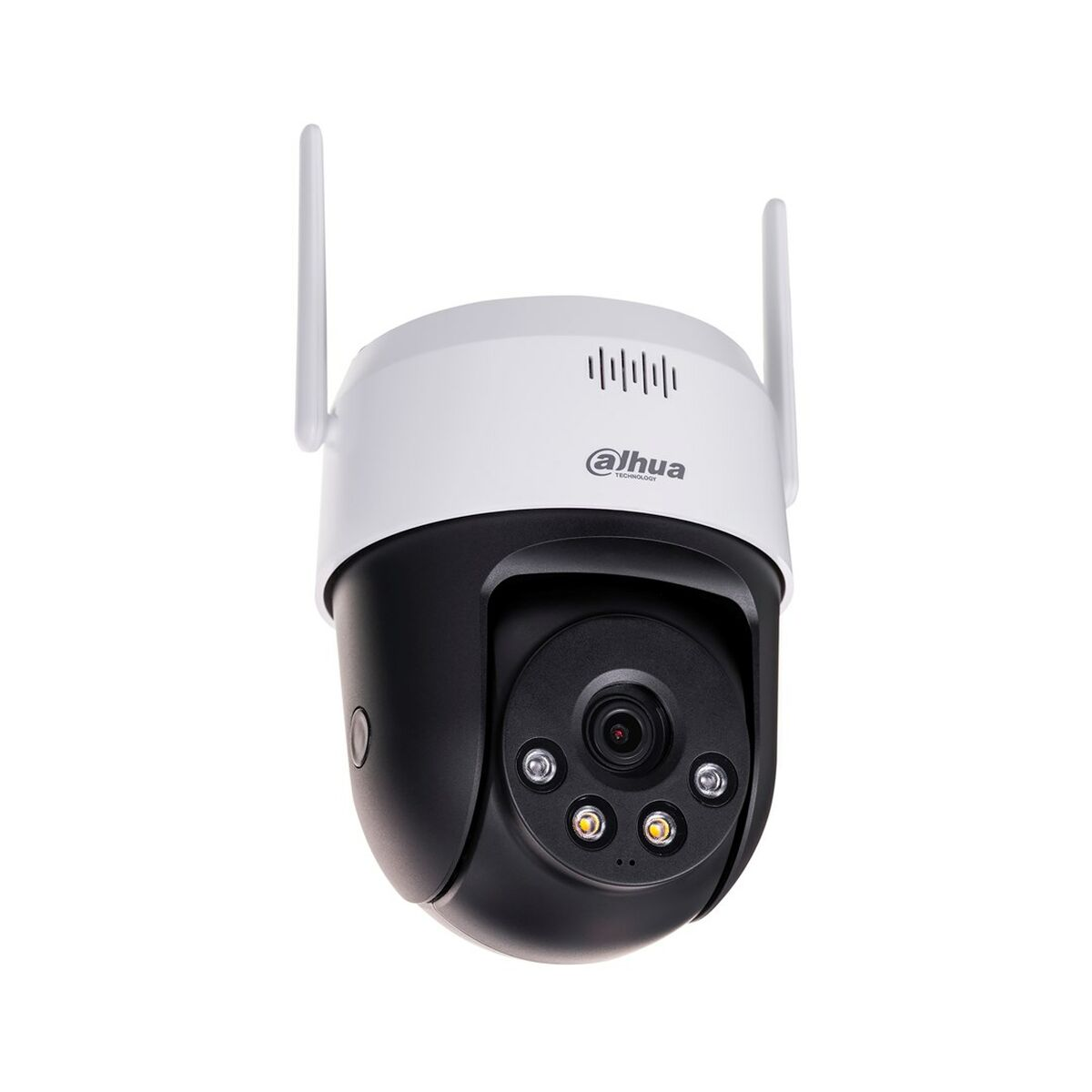 Una telecamera di sicurezza bianca e nera con due antenne.