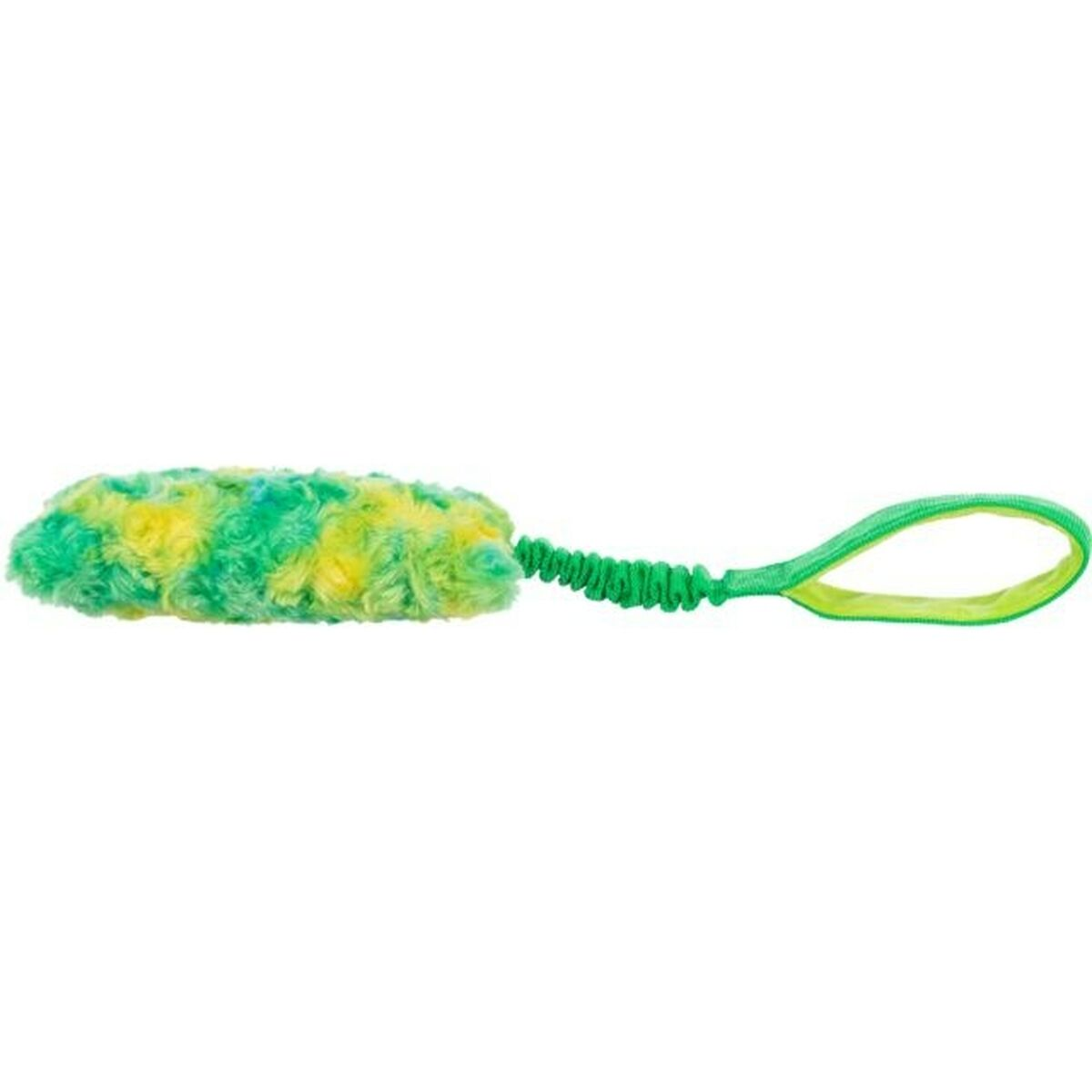 Giocattolo per cani in peluche verde e giallo con manico verde. Sfondo bianco.