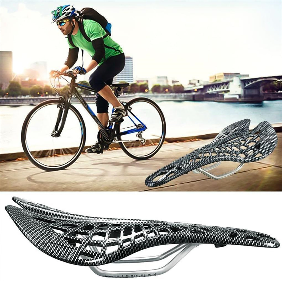 Radfahrer auf dem Fahrrad. Fahrradsattel im Fokus. Stadt im Hintergrund mit Brücke. Ein schwarzer und weißer Sattel rechts.