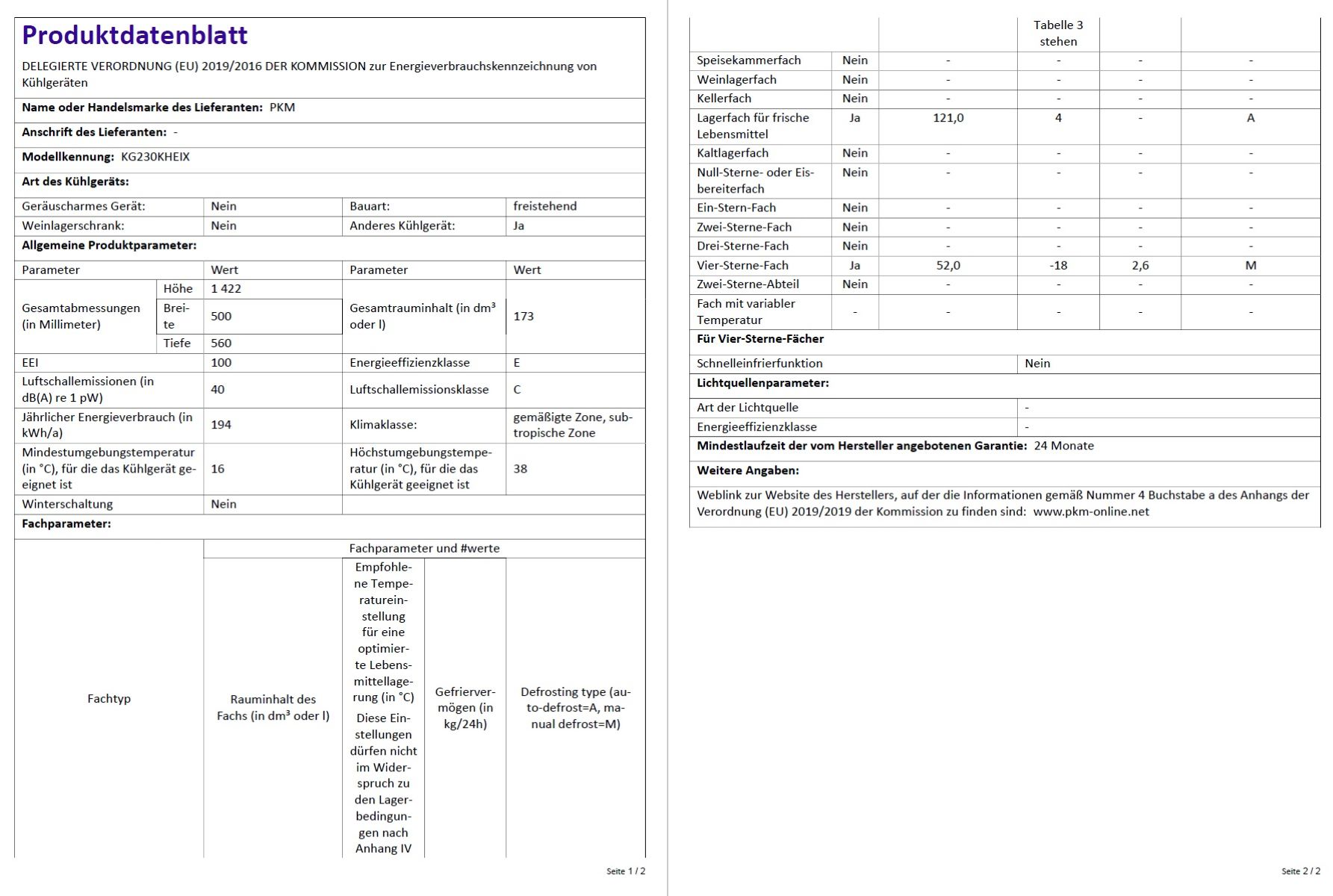 Ein Produktdatenblatt mit technischen Spezifikationen in deutscher Sprache.