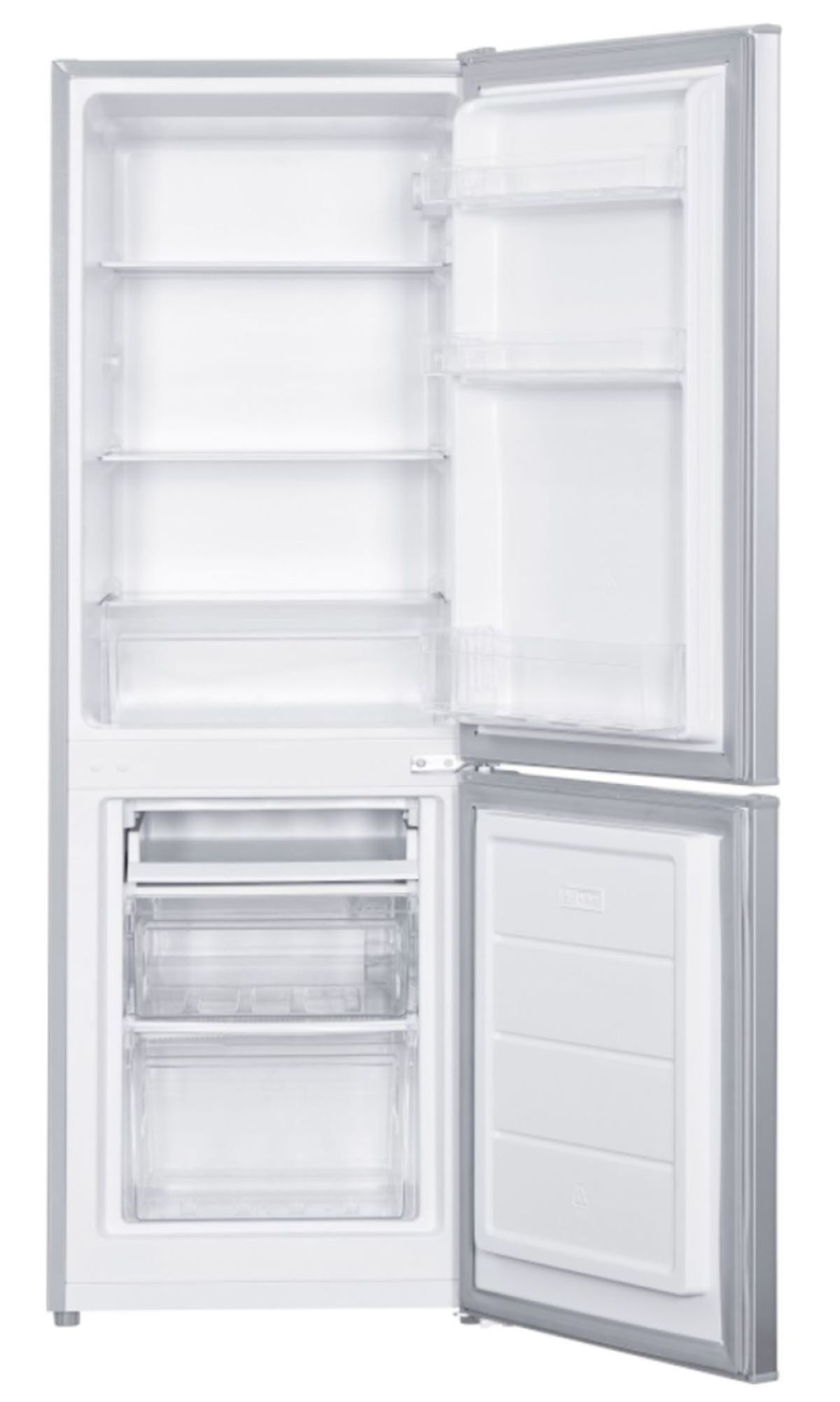 Weißer Kühlschrank mit geöffneten Türen, die Regale, Schubladen und leeren Raum zeigen.