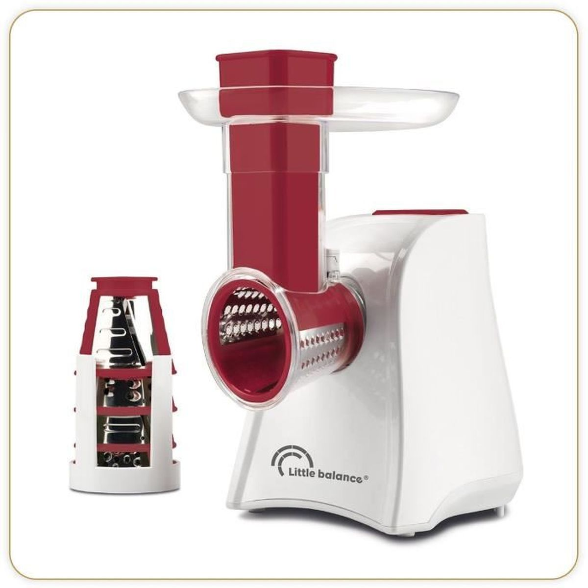 Un tritatore di verdure bianco e rosso con due parti separate.