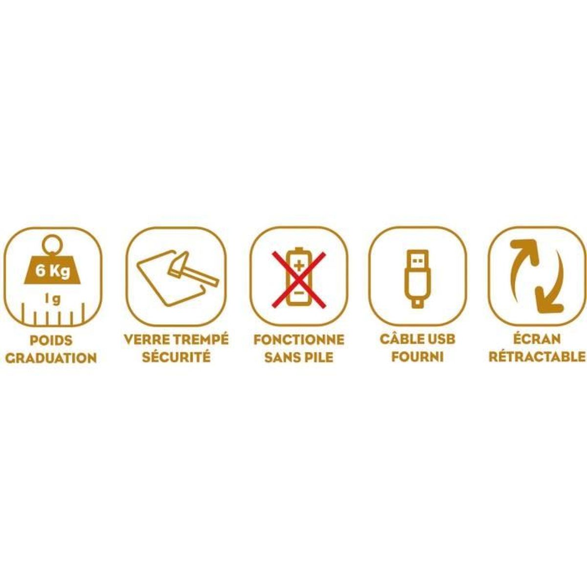 Symbole für Gewicht, gehärtetes Glas, ohne Batterie, USB-Kabel und ausziehbaren Bildschirm.