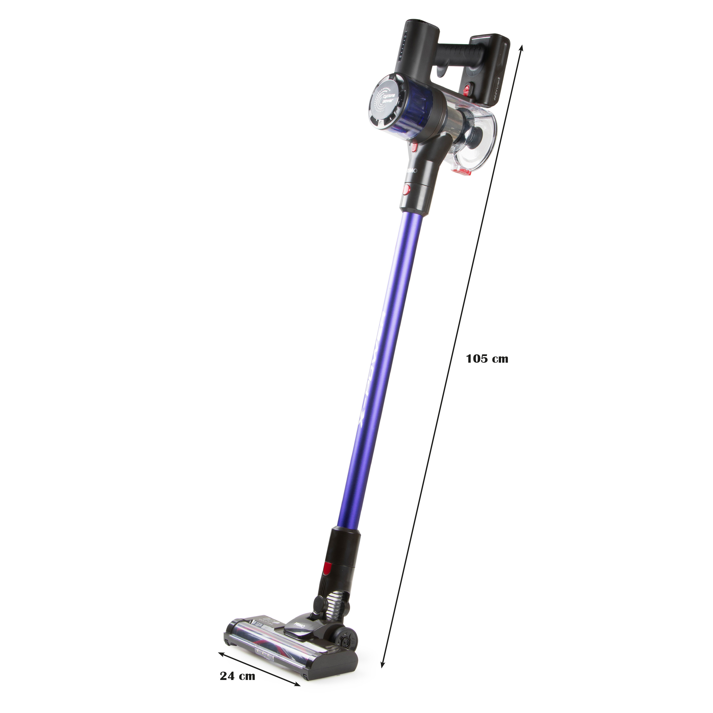 Aspirateur violet et noir avec mesures : 105 cm, 24 cm.