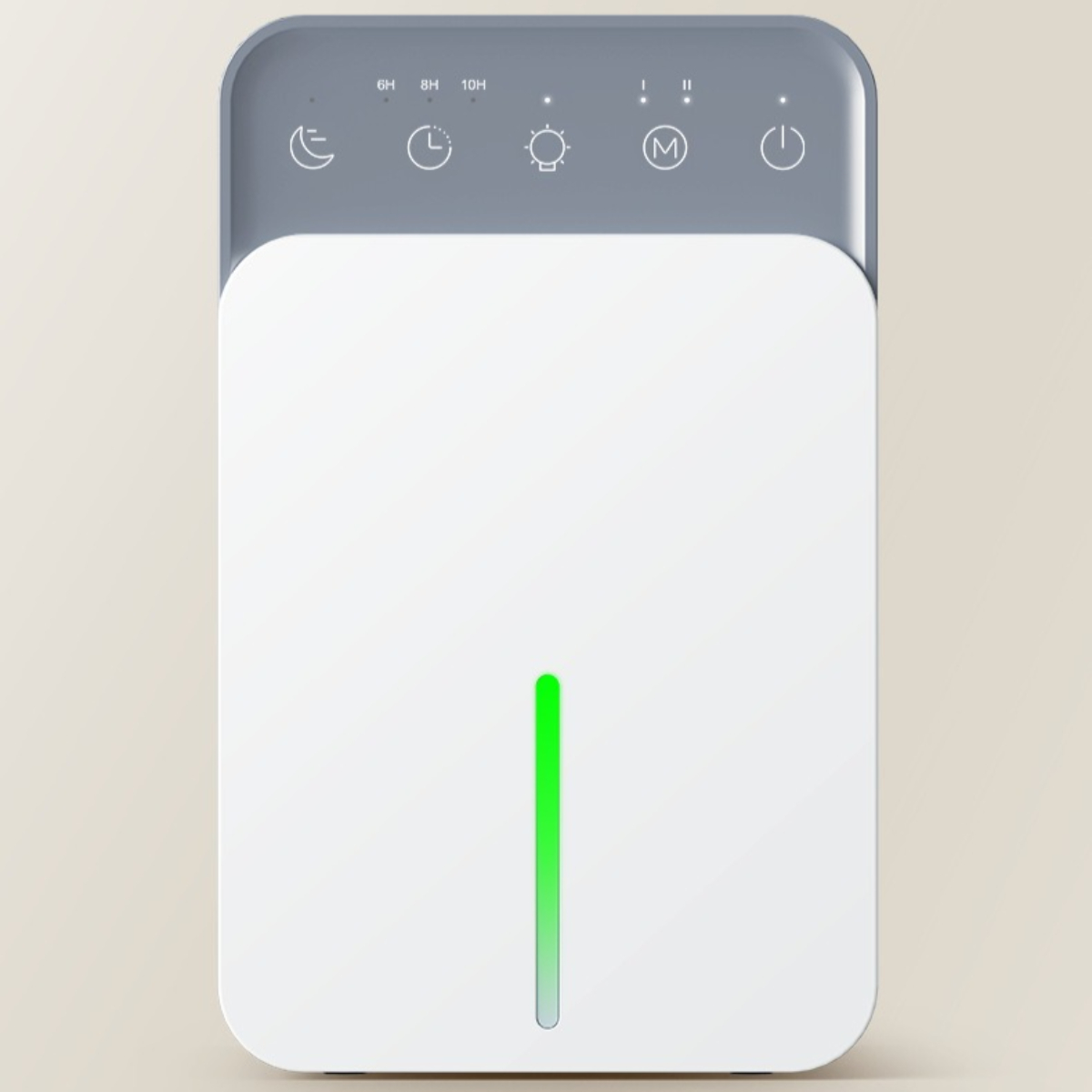 Weiß-graues Gerät mit Touch-Tasten, grünem vertikalen Licht auf neutralem Hintergrund.