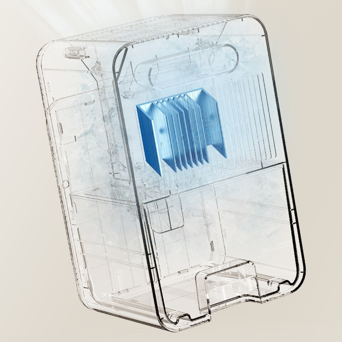 Transparente Eismaschine, zeigt interne Komponenten in Blau. Beigefarbener Hintergrund.