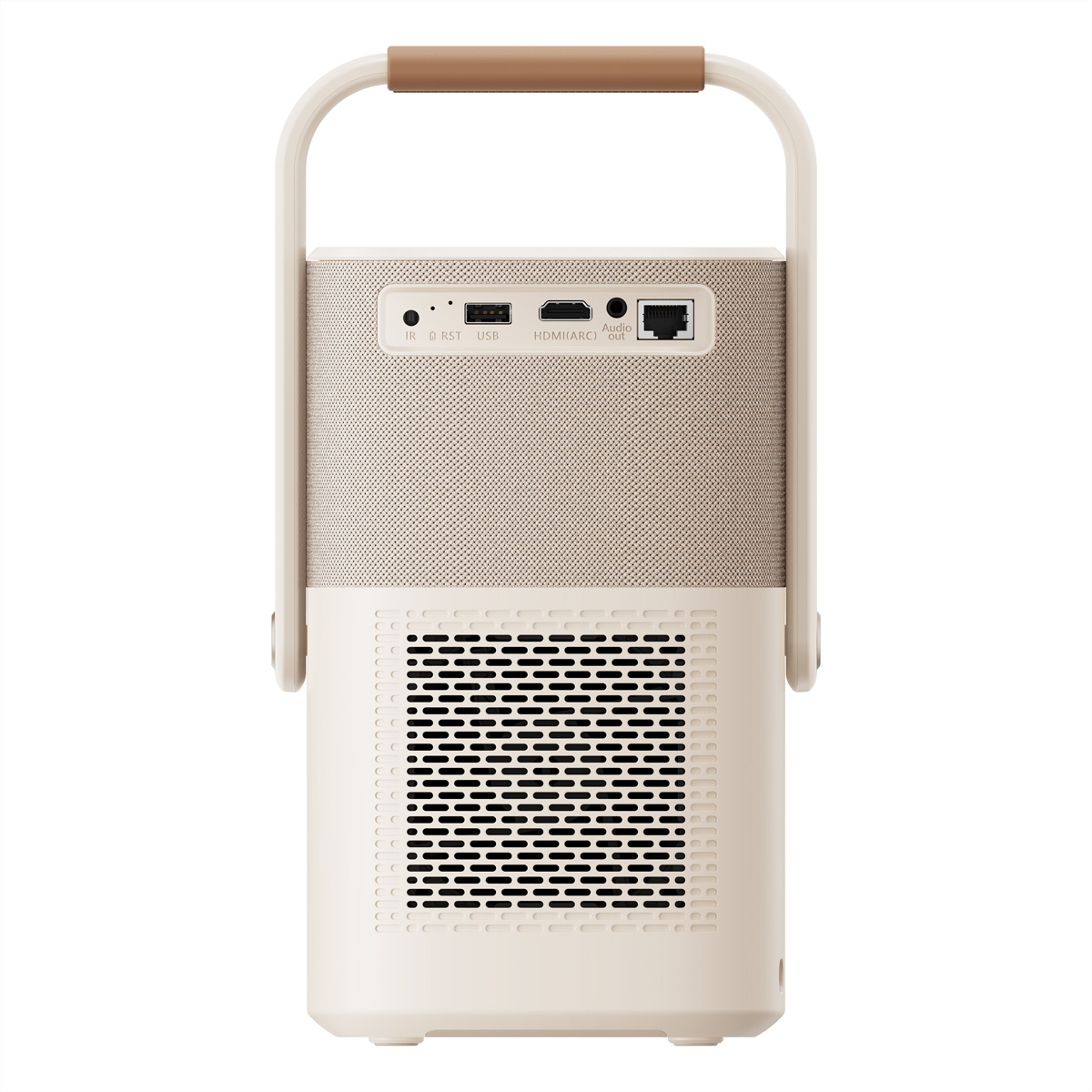 Beżowo-biały przenośny projektor z portami z tyłu i brązowym uchwytem.