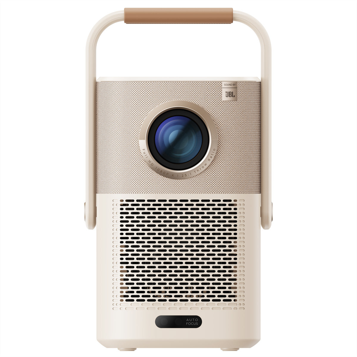 Beżowy projektor z uchwytem, obiektywem i logo JBL na białym tle.