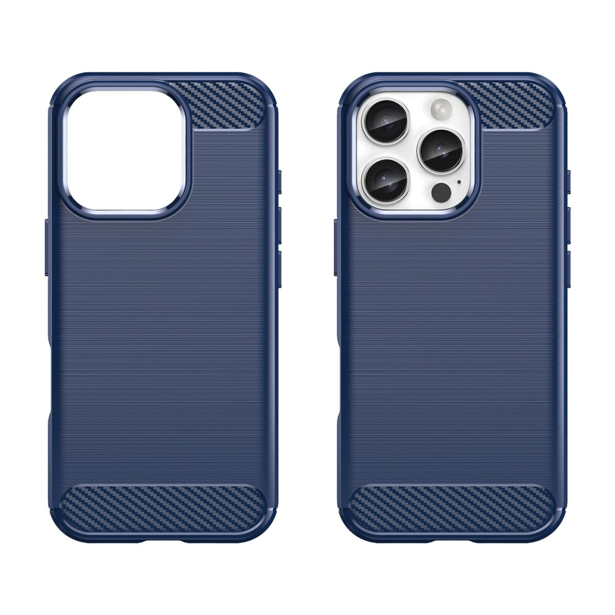 Due custodie blu navy per telefono, una con intaglio per fotocamera, entrambe con dettagli in fibra di carbonio.