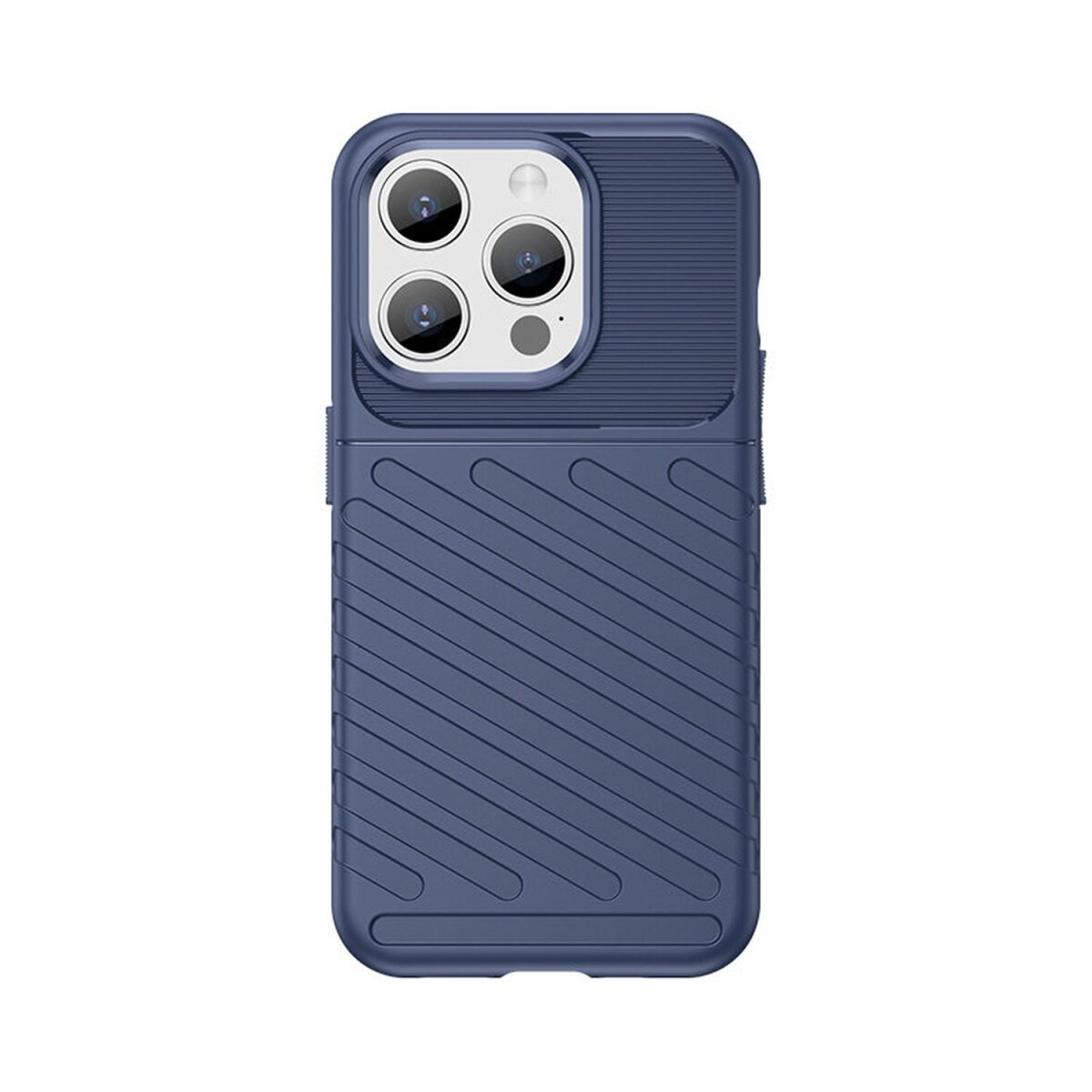 Una custodia per telefono blu scuro con retro strutturato e fori per la fotocamera. La custodia è su sfondo bianco.