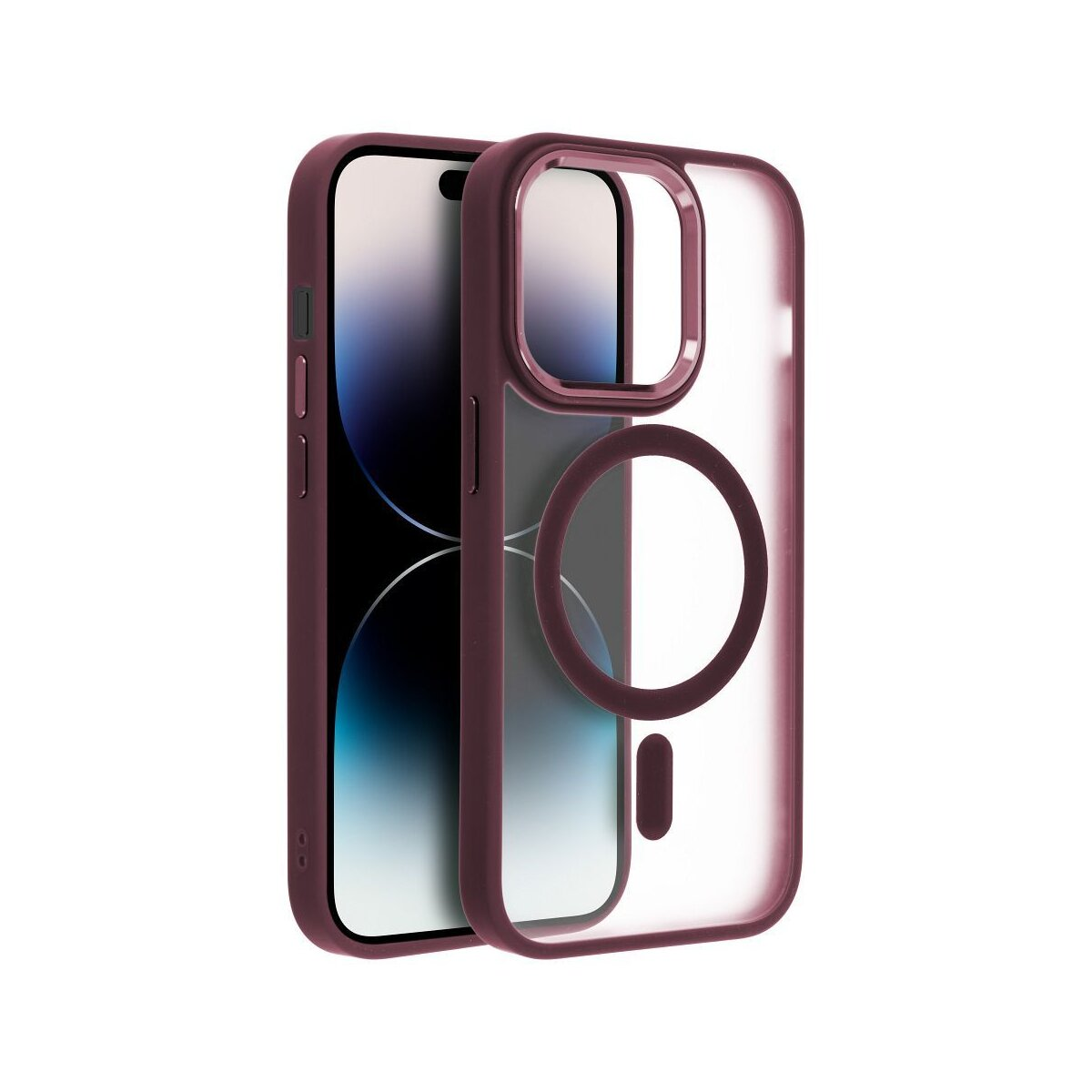 Smartphone in una custodia trasparente con cornice bordeaux e un cerchio magnetico.
