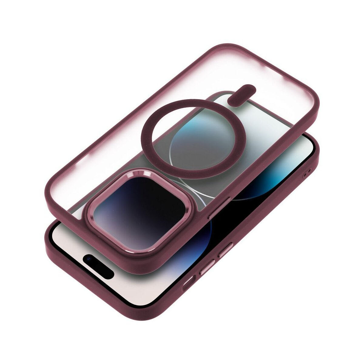 Una custodia per telefono con un anello protettivo attorno alla fotocamera. La custodia è rosa e su sfondo bianco.