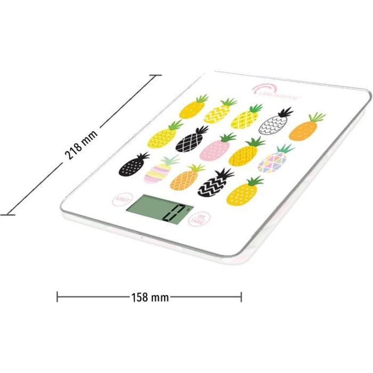 Una bilancia da cucina bianca con illustrazioni di ananas e display digitale, con misure in mm.