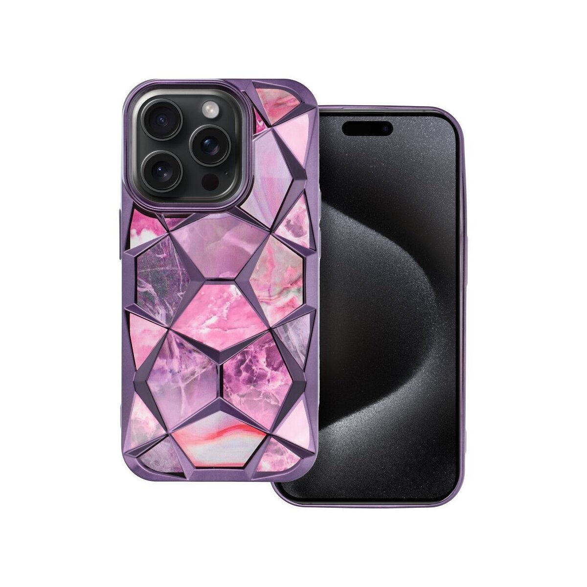 Custodia per telefono viola con un motivo rosa e bianco. Il telefono è posizionato a destra.