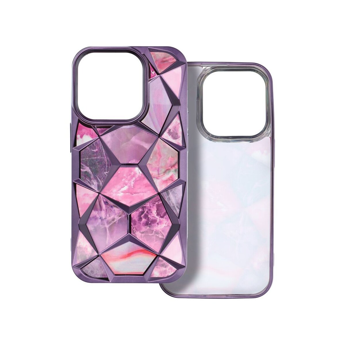 Una custodia per telefono con un motivo geometrico viola e rosa. La custodia è mostrata da davanti e da dietro.