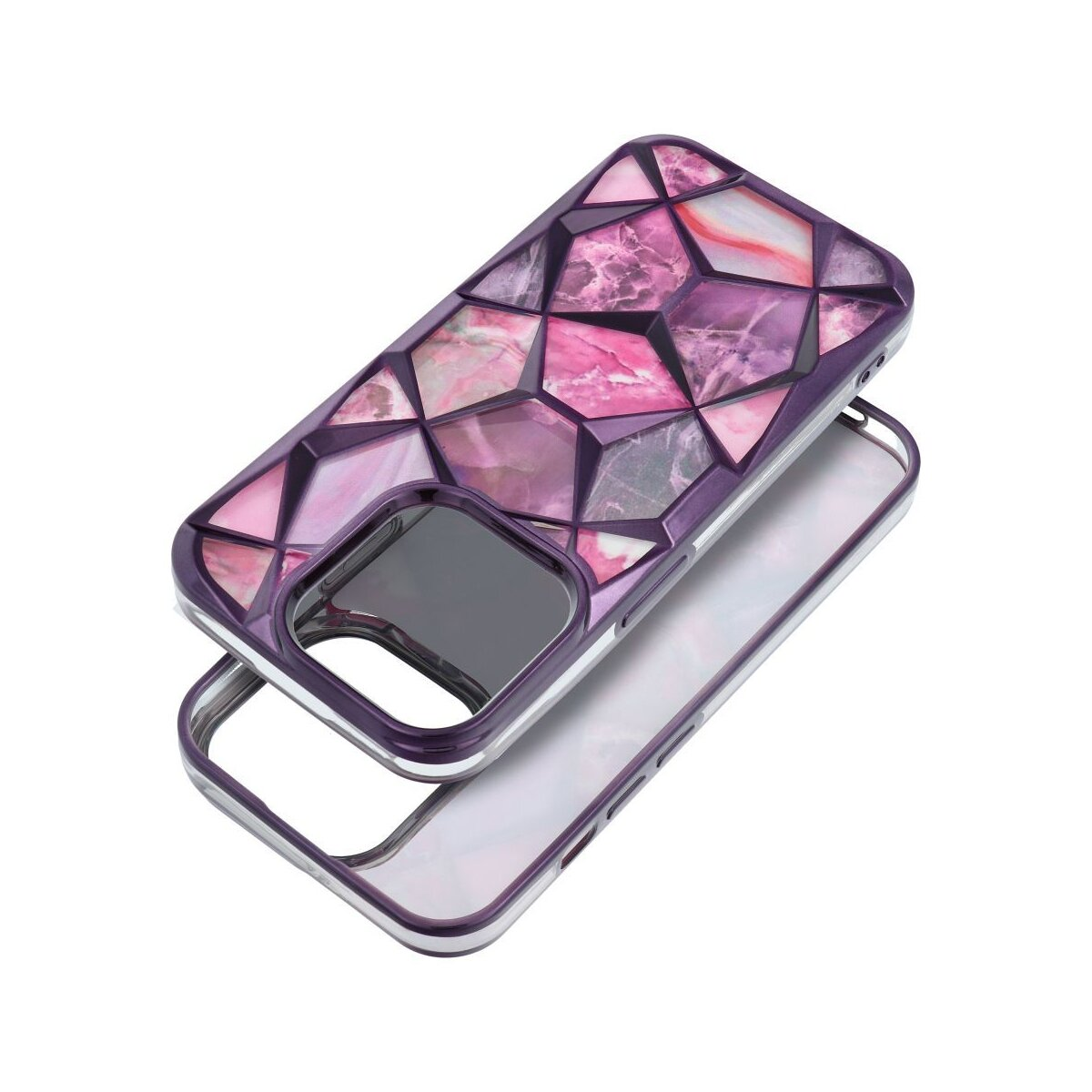 Una custodia per telefono con un motivo geometrico colorato è esposta su sfondo bianco.