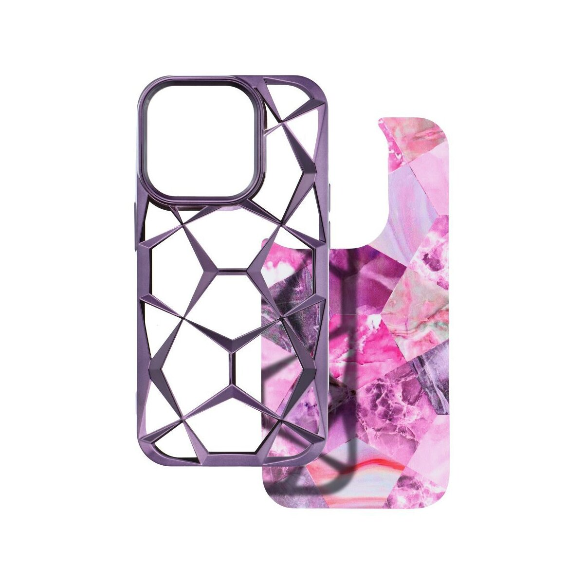 Due custodie per telefono, una a sinistra e una cover posteriore con un design a marmo rosa a destra.