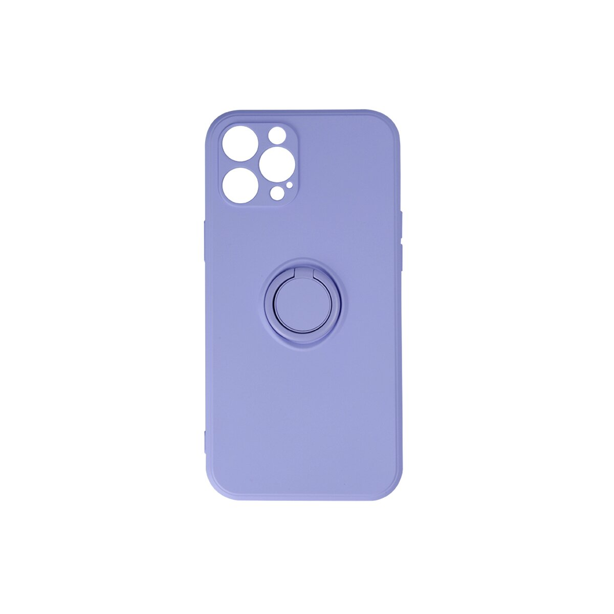 Custodia per telefono viola con supporto ad anello. L'area della fotocamera ha tre obiettivi e un flash.