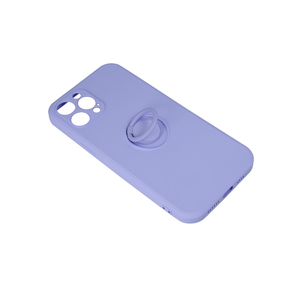 Una custodia per telefono color lavanda con un supporto ad anello sul retro. La custodia ha ritagli per fotocamera e pulsanti.