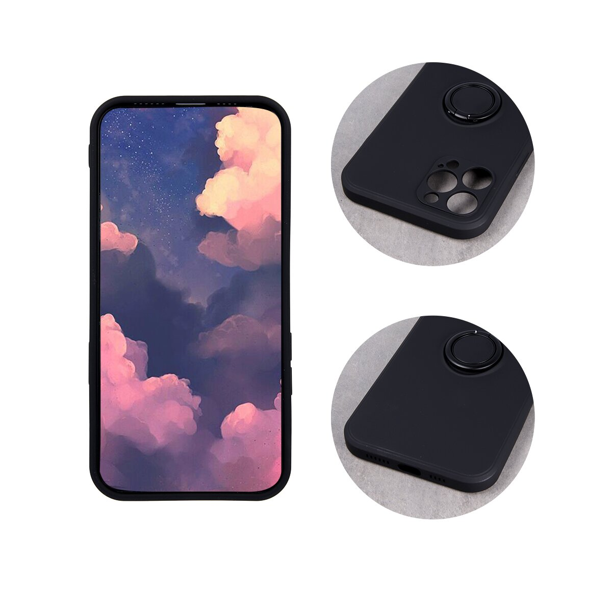 Custodia per telefono con immagine di cielo nuvoloso. Custodia nera con supporto ad anello. Primi piani.