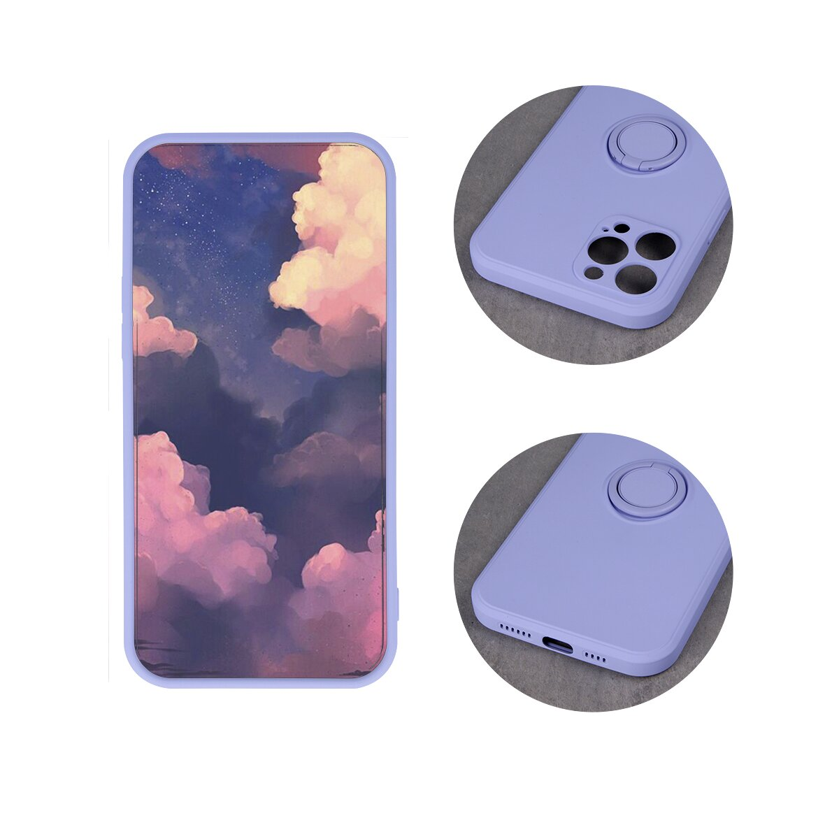 Custodia per telefono viola con una scena del cielo. Due viste ravvicinate della custodia. Sfondo bianco.