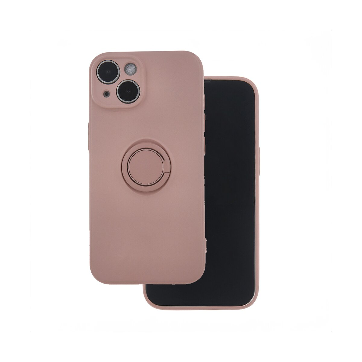 Custodia per telefono rosa con un supporto ad anello. Il telefono è parzialmente visibile e ha uno schermo nero.