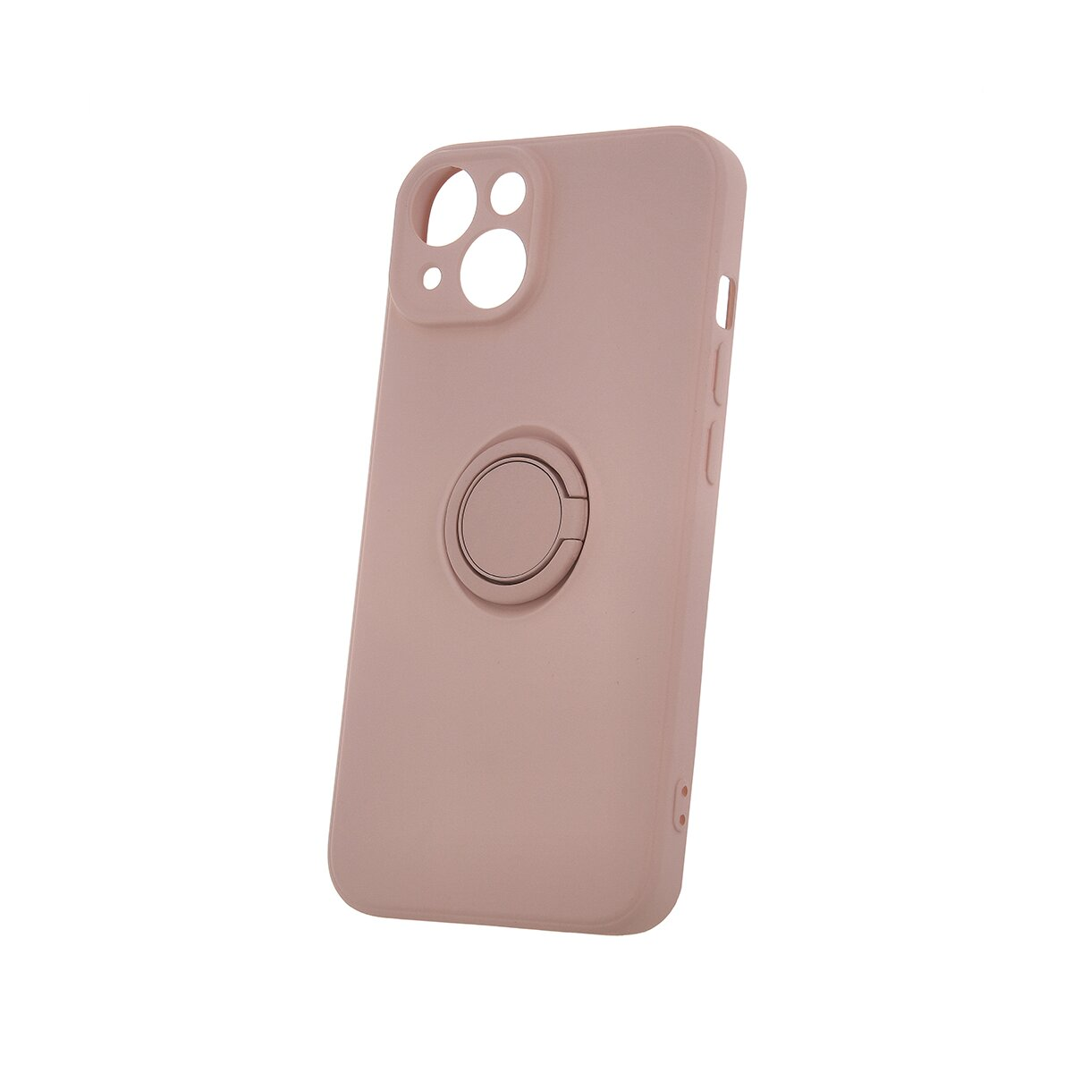 Una custodia per telefono rosa chiaro con un supporto ad anello. La custodia ha bordi arrotondati e una superficie liscia.