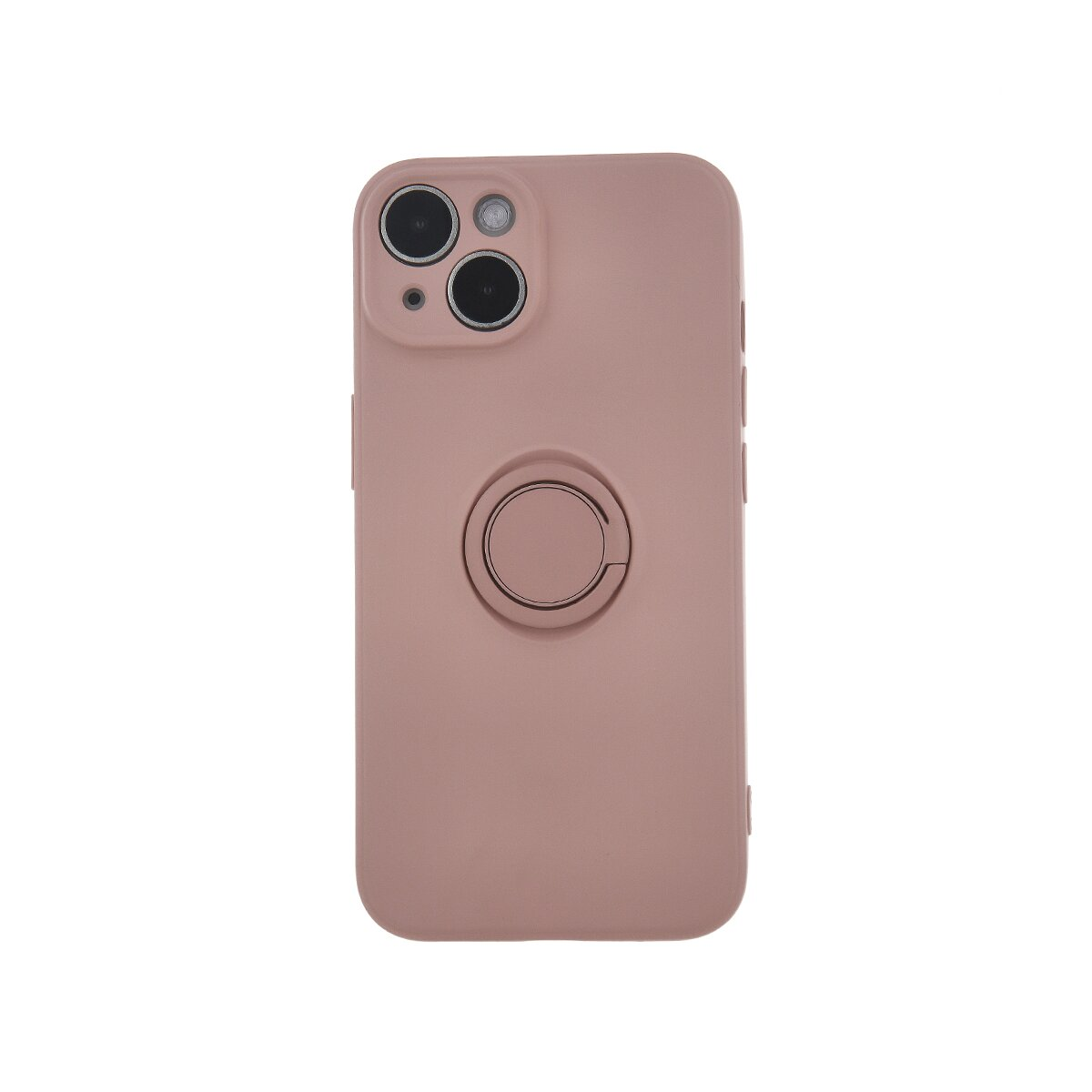 Custodia rosa per telefono con supporto ad anello su sfondo bianco.