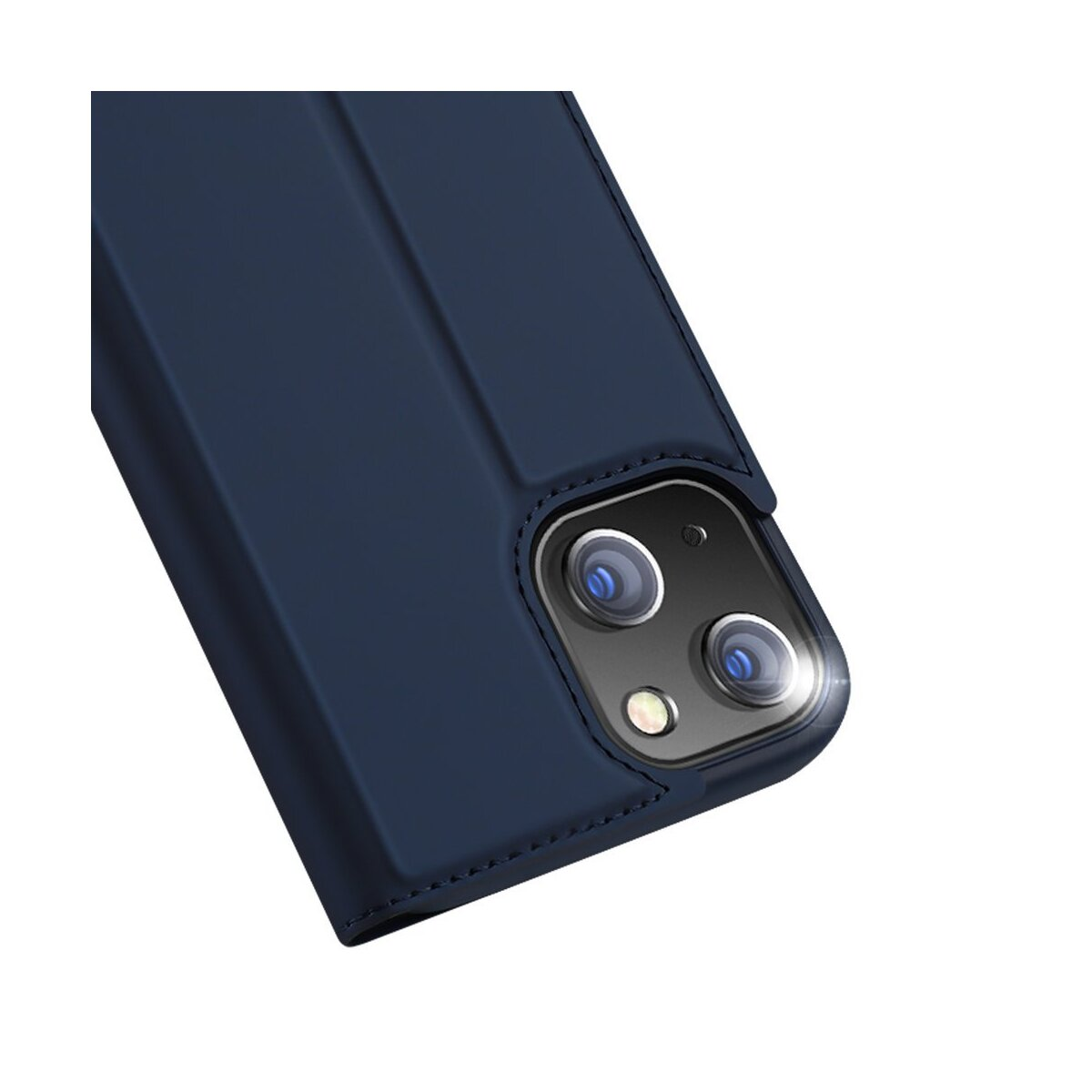 Primo piano di una custodia per telefono blu scuro con lenti della fotocamera.