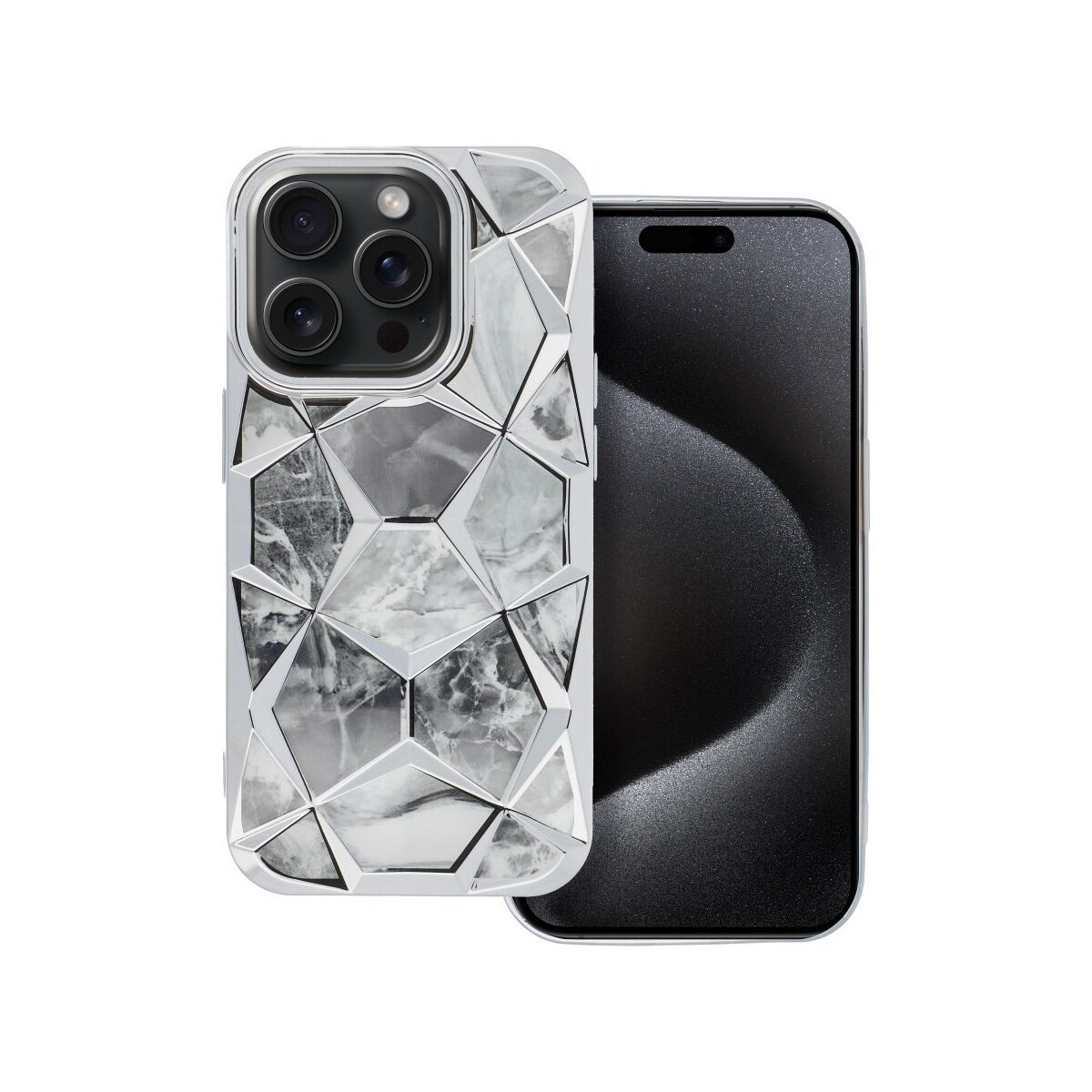 Telefono in una custodia geometrica argentata.