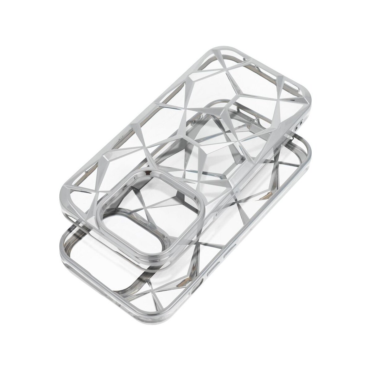 Due custodie trasparenti per telefono, design geometrico, impilate su una superficie bianca, che mostrano il motivo.