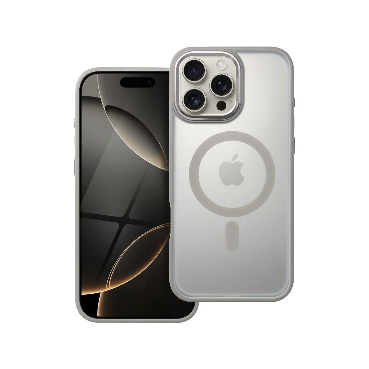 Un iPhone in una custodia protettiva trasparente, che mostra il telefono e la custodia su sfondo bianco.