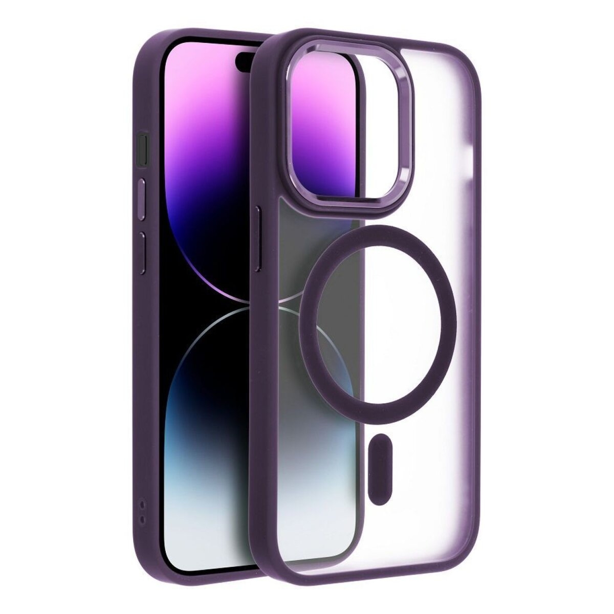 Custodia per telefono con telefono all'interno. La custodia è trasparente con cornice viola. Ha un cerchio nero.