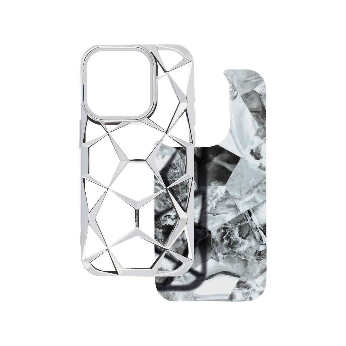 Custodia per telefono argentata con motivo geometrico, accanto a un inserto a motivi marmorei. Sfondo bianco.