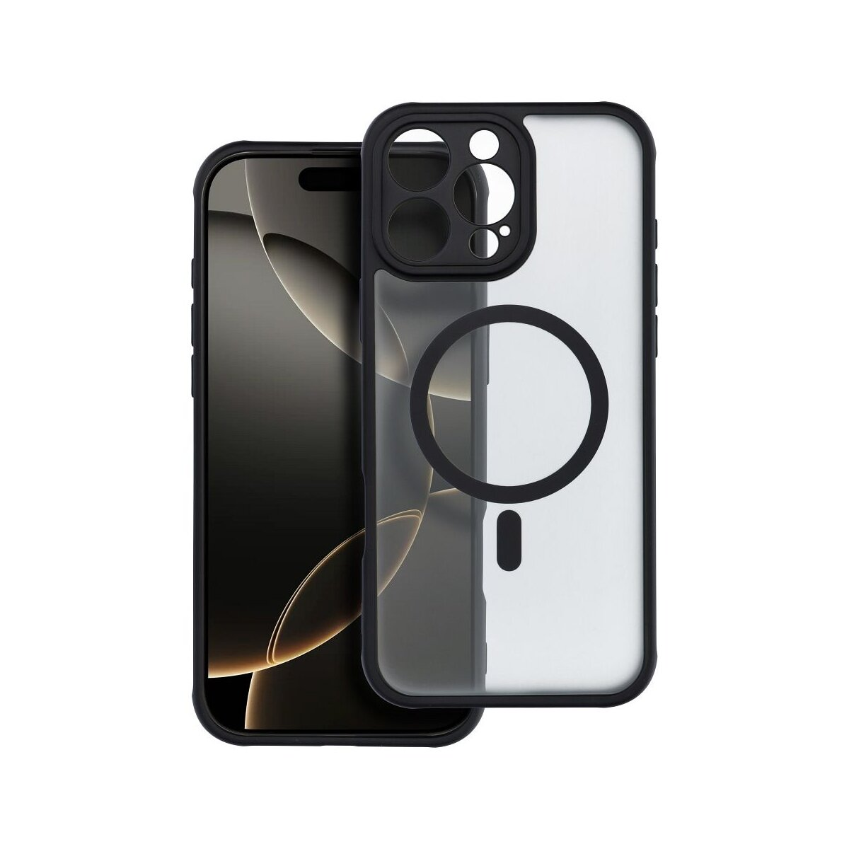 Custodia per telefono nera e trasparente con un telefono nero all'interno. Sfondo bianco.