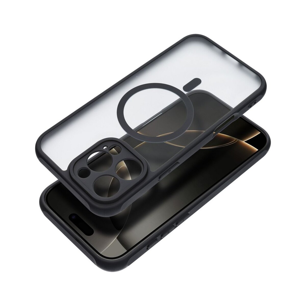 Custodia nera per telefono con retro trasparente e cornice nera. C'è un telefono dentro.