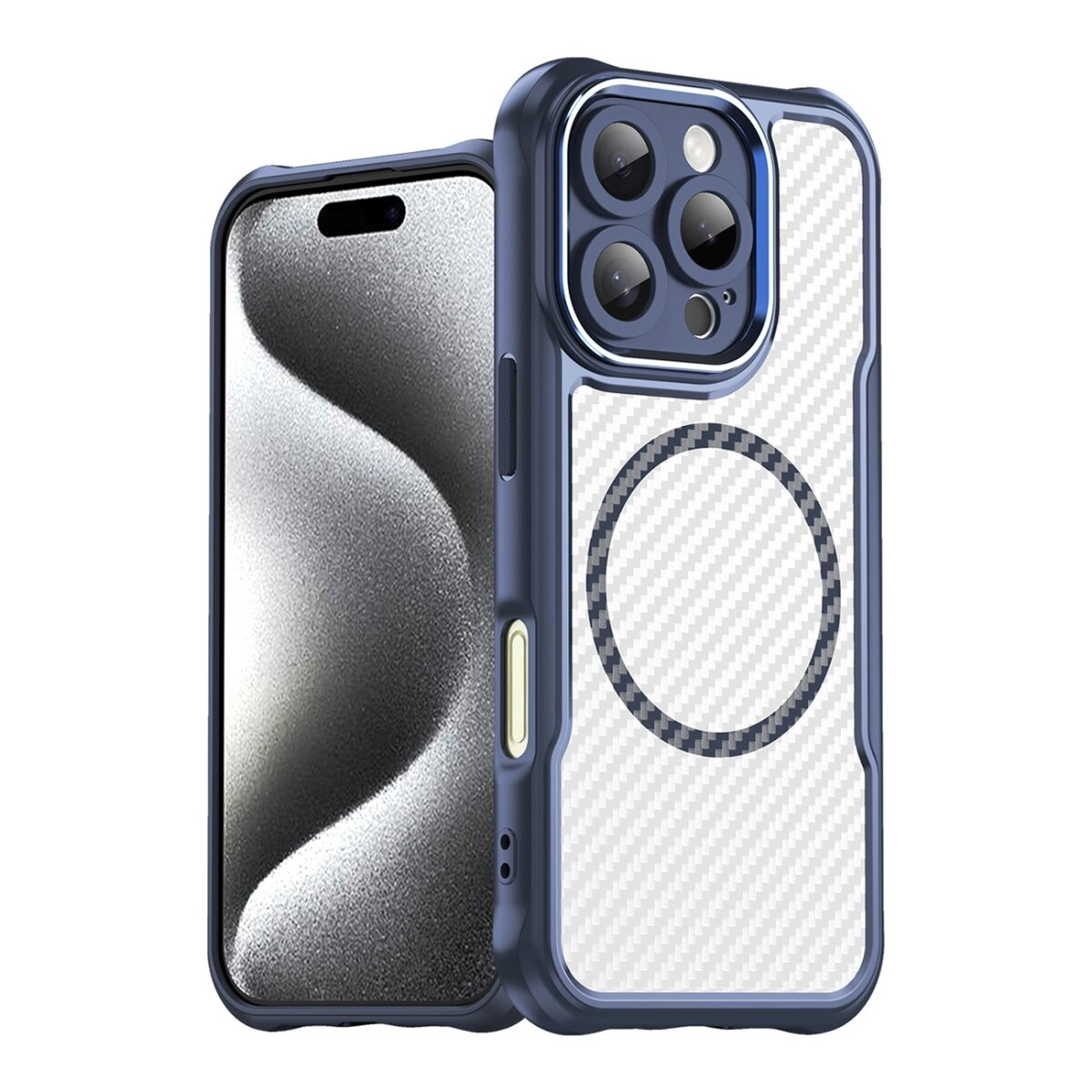 Custodia blu per telefono con retro bianco. Il telefono è accanto alla custodia. Lo sfondo è bianco con un motivo.