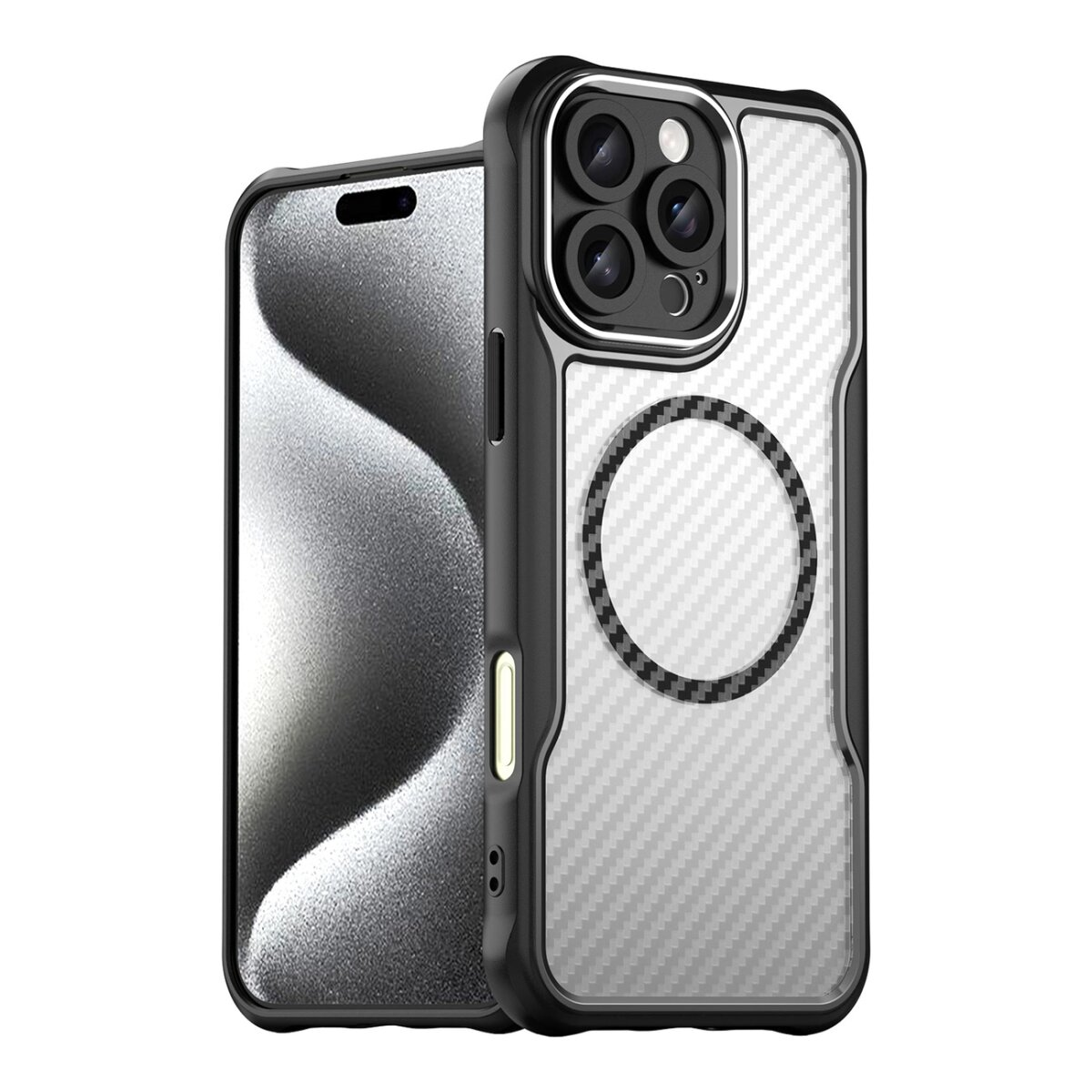 Telefono e custodia protettiva, nera con retro trasparente.
