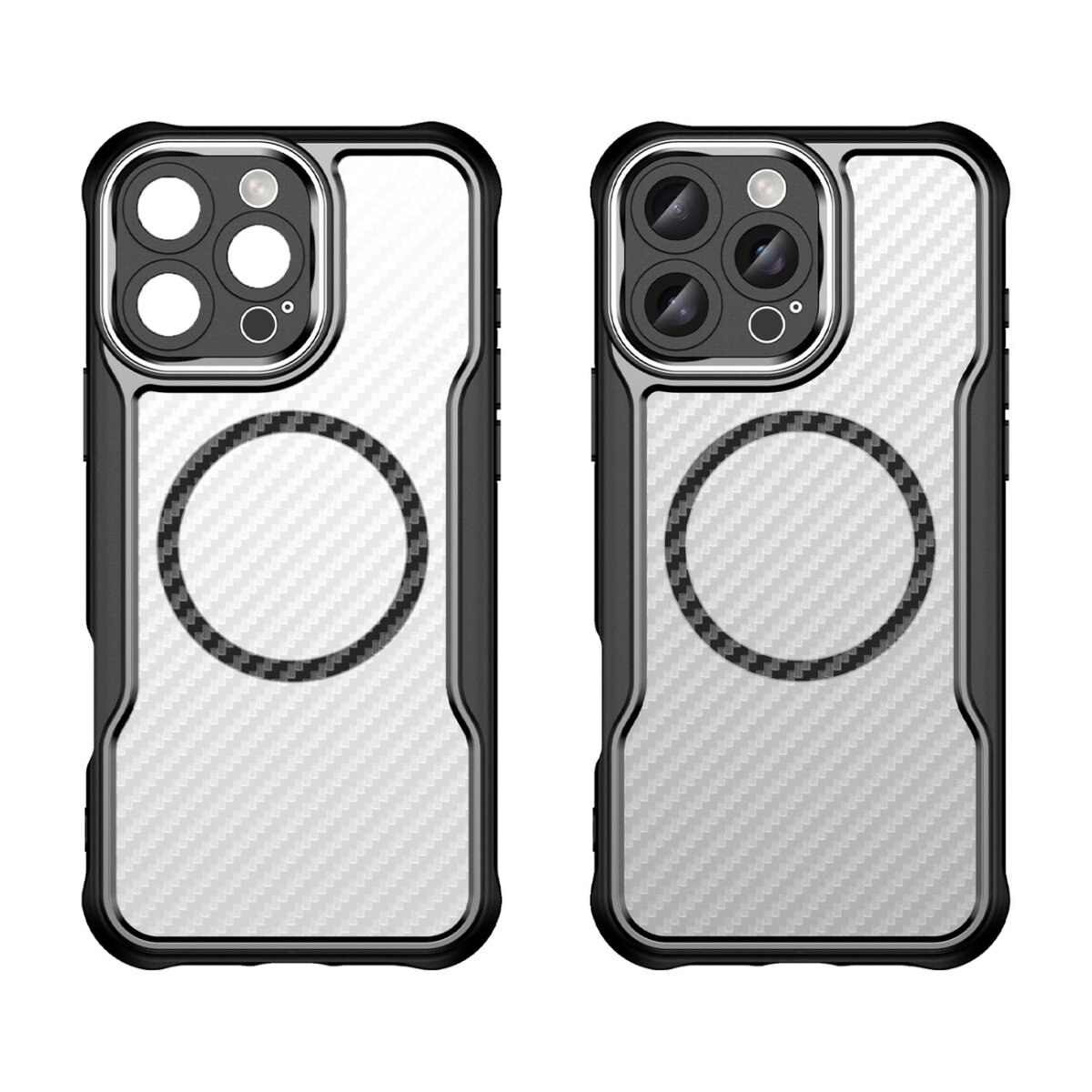 Due custodie per telefono. Ognuna ha un retro trasparente con un design circolare. Una ha un ritaglio per la fotocamera.